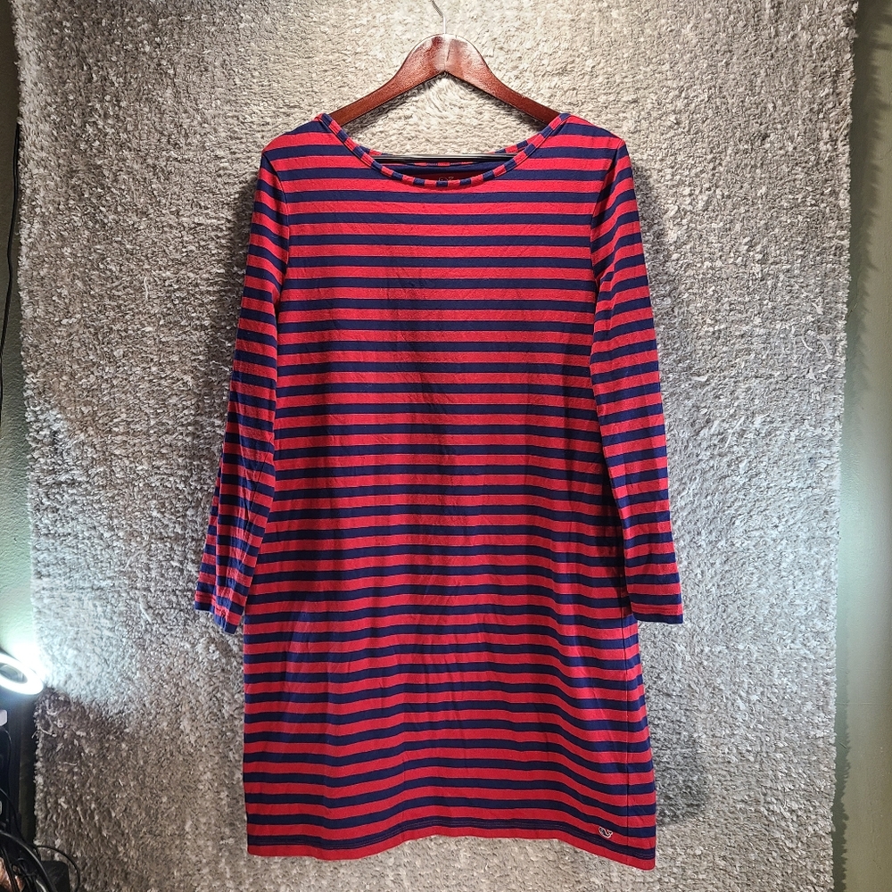 Vineyard Vines Stretch Cotton Boatneckβ Shirt Dress Large Red Blue long Sleeve